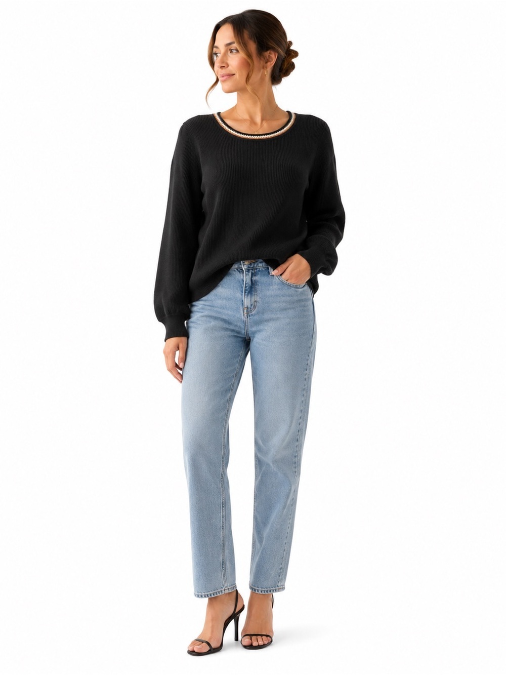 NWT Tahari Black Ribbed Knit Puff Sleeve Sweater Cream Tan Trim XL